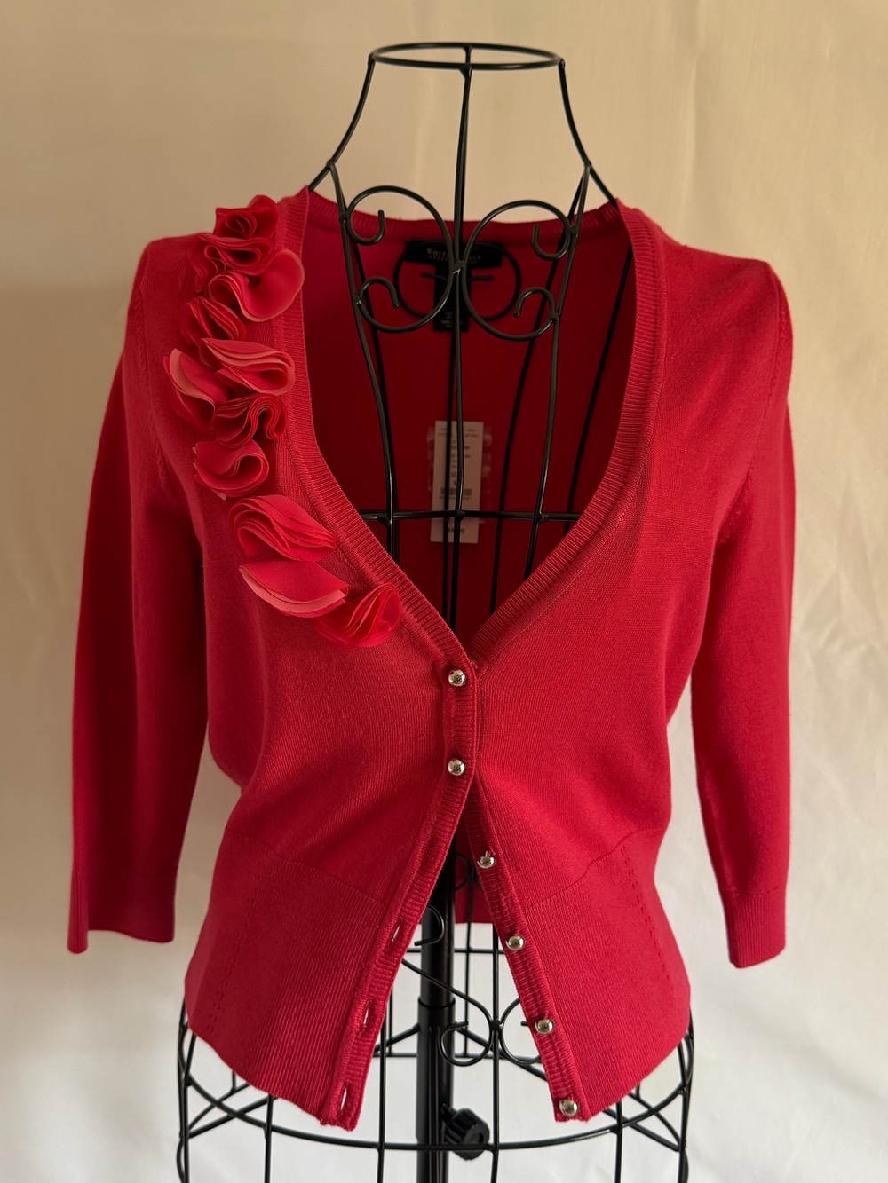 White House Black Market Red Ruffle-Accent V-Neck Cardigan